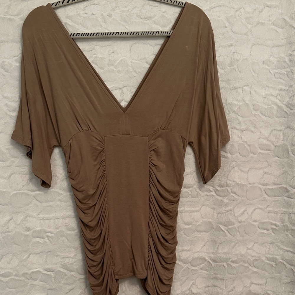 Boston Proper Tan V-Neck Ruched Blouse